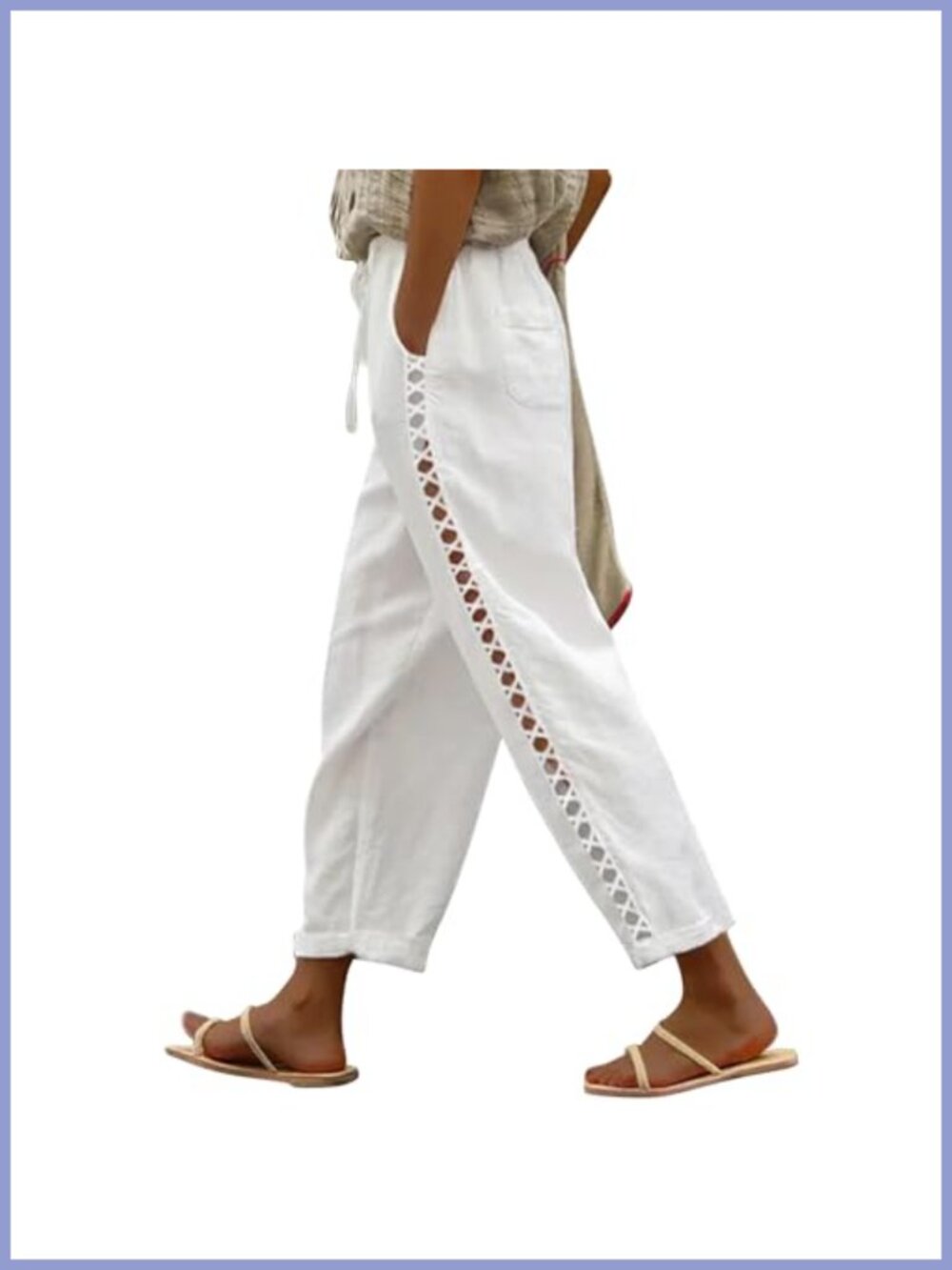Linen Capri Pants Petite Cut-Out Drawstring Summer Beach Casual